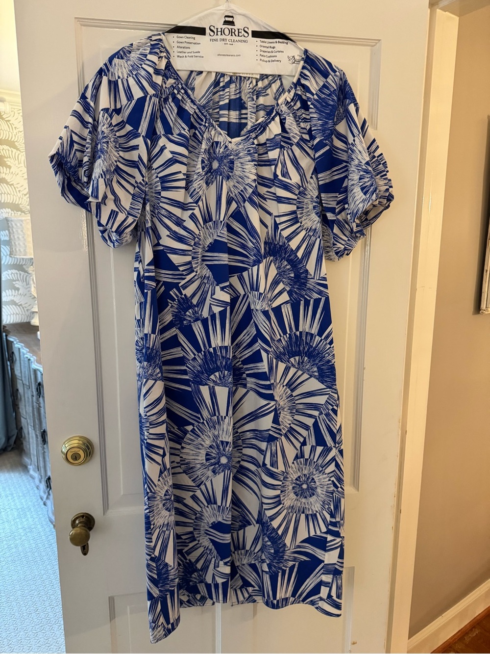Marie Oliver Blue & White Foster Geo-Print Blouson sleeve Midi Dress